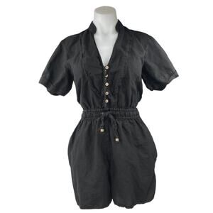 Zara Black Linen Short Sleeve V Neck Tie Waist Button Down Romper Shorts Size M